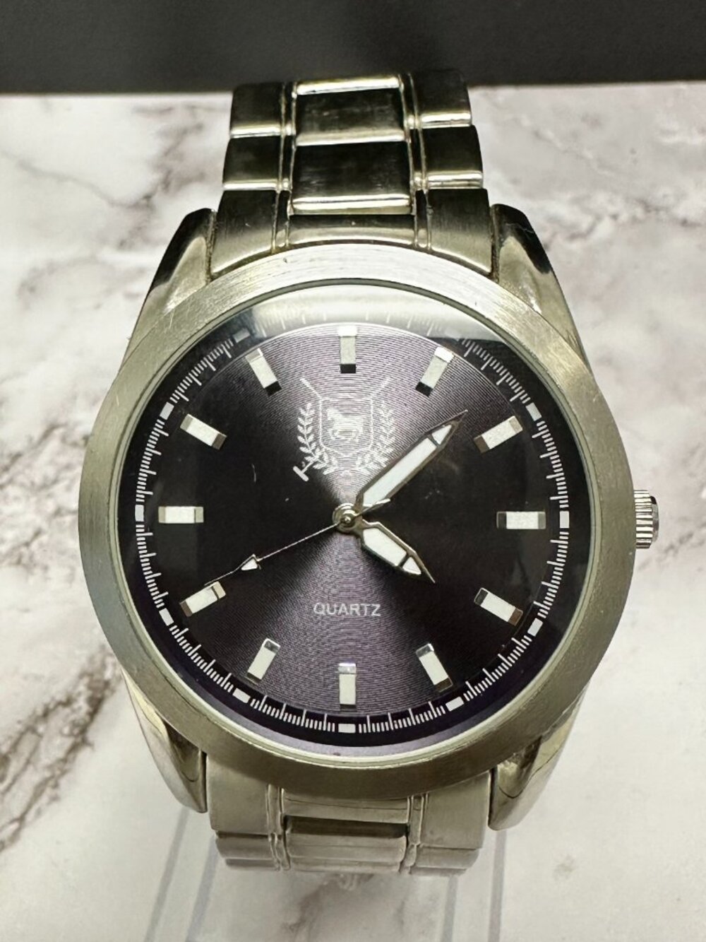 3/$30 Accutime Watch Men Silver Tone Purple Round 42MM Dial New Battery 8.5 Inch